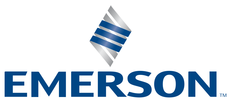 Emerson logo - Red and white wordmark with a dynamic swirl symbol