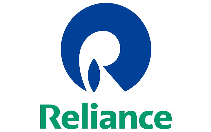 Reliance logo - Blue and white 'Reliance' wordmark with a dynamic swoosh arrow symbol