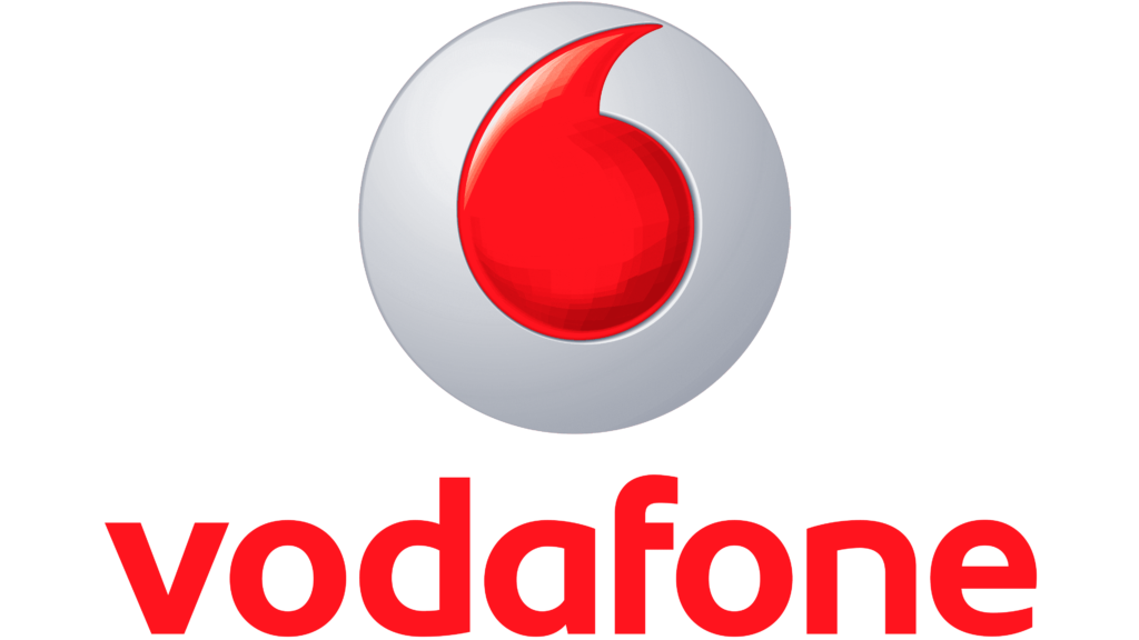 Vodafone logo - Red speech bubble-shaped emblem with white text and a quotation mark symbol