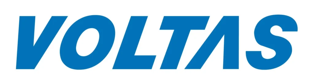 Voltas company logo – blue and white text with a dynamic wave/swoosh symbolising cooling and air conditioning technology.
